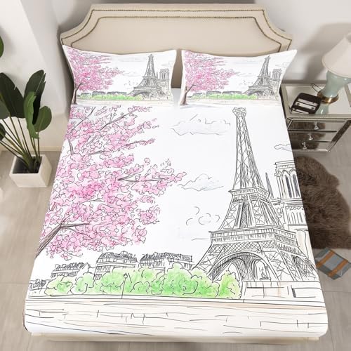 Jejeloiu Paris Themed Sheet Set with Pillowcase for Kids