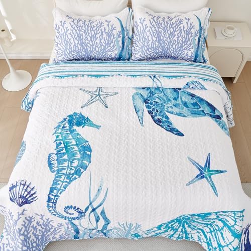 EVENHUG Reversible Coastal Quilt Set Queen Size 3 Piece