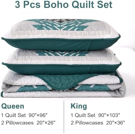 Dintszyayue Teal Boho Quilt Set 3 Pieces King Size