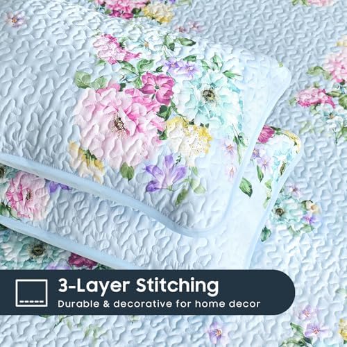 Wake In Cloud Shabby Chic Quilt Set Floral Pattern 3 Pieces QueenFull