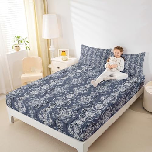 Erosebridal Damask Blue Gothic Floral Bed Sheet Set Twin