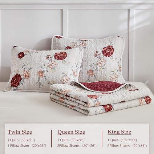 Floral Quilt Set 3 Pieces White with Red Roses