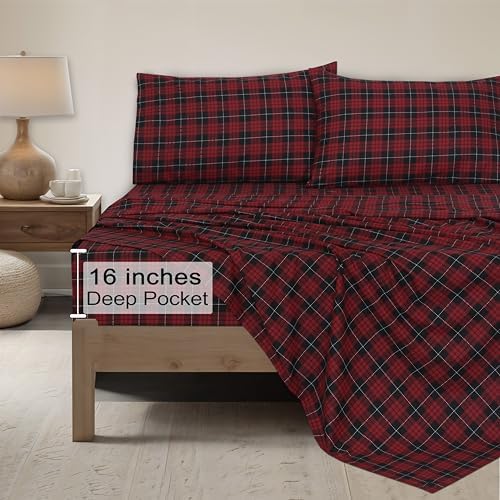 ZOYER Double Brushed Flannel Cal King Sheet Set - 4 Piece Red Buffalo Check