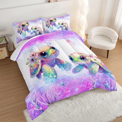 Kids Comforter Set with Turtle Print and Purple Design