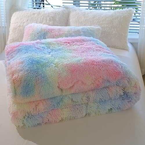 Chovy Kids Girls Faux Fur Rainbow Comforter Set TwinFull 3PC