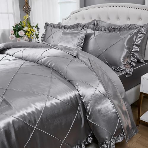Grey Queen Comforter Set with 8 Pcs Satin Bedding