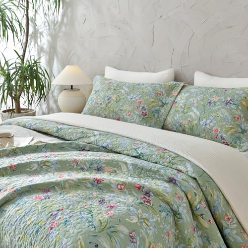 QSH Cotton Floral Queen Bedspread Set 3Pcs Green Summer