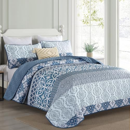DJY Navy Blue Boho Quilt Set 3 Pieces King Size