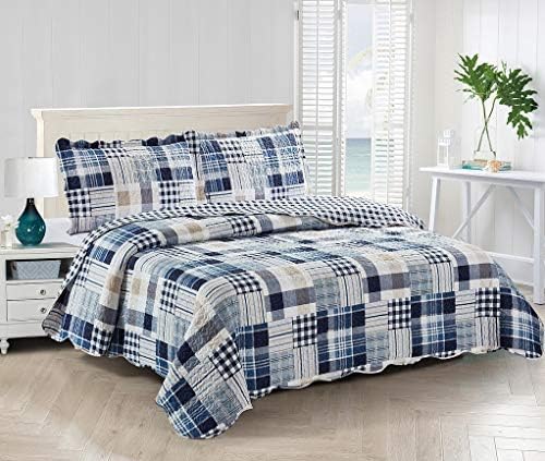 Brilliant Sunshine Blue Plaids Stripes Quilt Set King Size 3-Piece