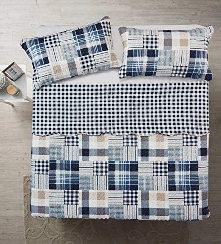 Brilliant Sunshine Blue Plaids Stripes Quilt Set King Size 3-Piece