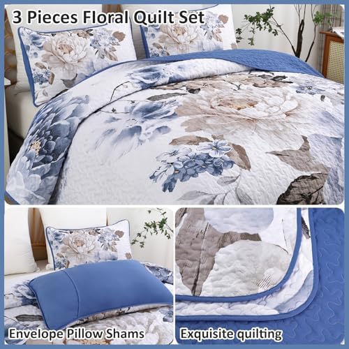 Wongs Bedding Blue Floral 3-Piece Quilt Set