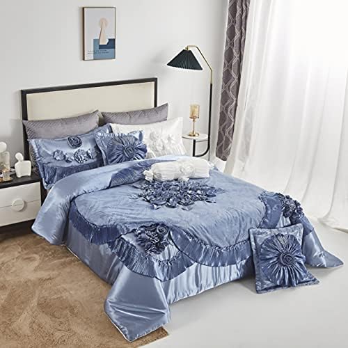 Tache Satin Floral Lace Ruffle Comforter Set King Blue