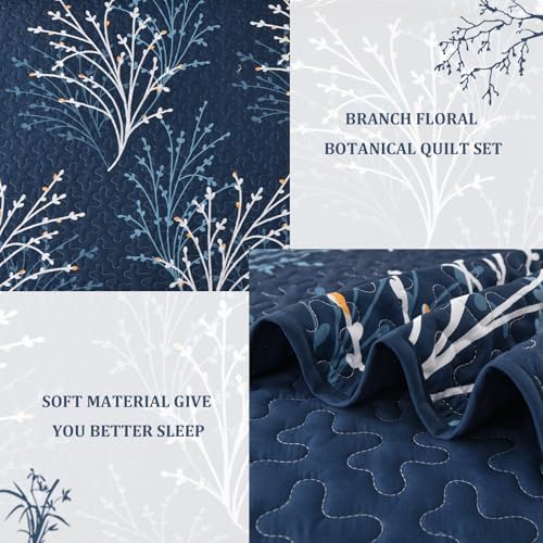 Navy Botanical Quilt Set - 3 Piece Microfiber Reversible Bedding 1