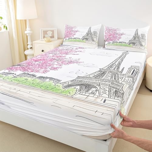 Jejeloiu Paris Themed Sheet Set with Pillowcase for Kids