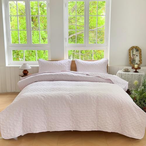NSNLGSGC Pink Gingham Queen Quilt Set