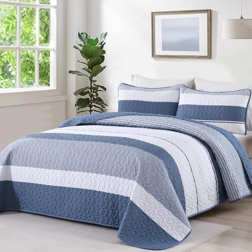 Dinjoy Boho Queen Quilt Set 3 Piece Mineral Blue Striped Bedspread
