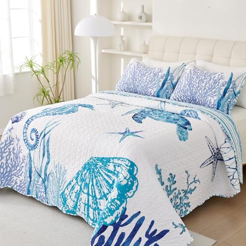 EVENHUG Reversible Coastal Quilt Set Queen Size 3 Piece