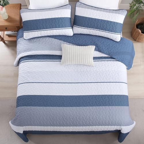 Dinjoy Boho Queen Quilt Set 3 Piece Mineral Blue Striped Bedspread