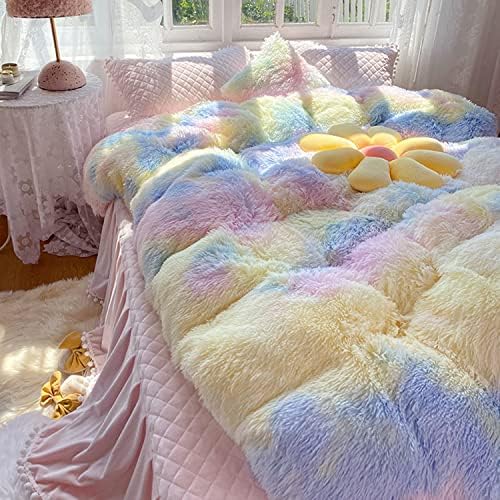 Chovy Kids Girls Faux Fur Rainbow Comforter Set TwinFull 3PC