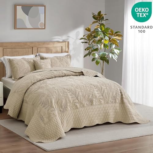 Botanical Bedspread Full Size Set - Leaves Pattern Stitched Quilt Cover