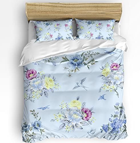 California King Duvet Cover Set with Flower and Bird Pattern