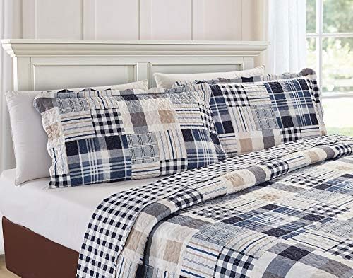 Brilliant Sunshine Blue Plaids Stripes Quilt Set King Size 3-Piece