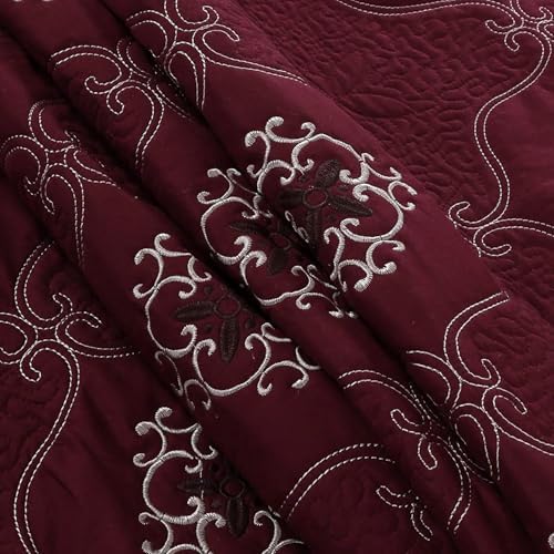 MarCielo 3-Piece Embroidery Quilt Set - Burgundy California King