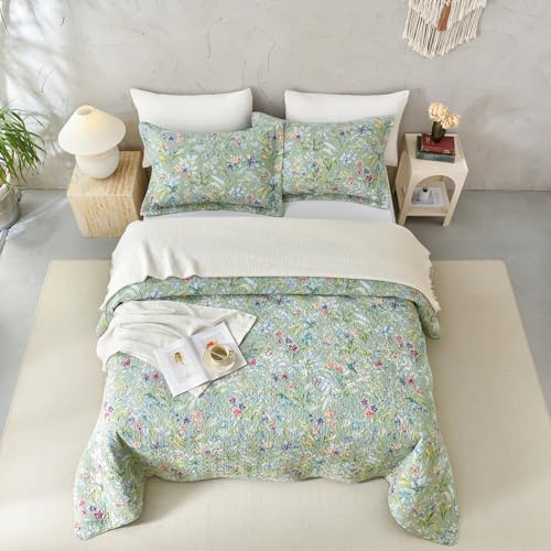 QSH Cotton Floral Queen Bedspread Set 3Pcs Green Summer