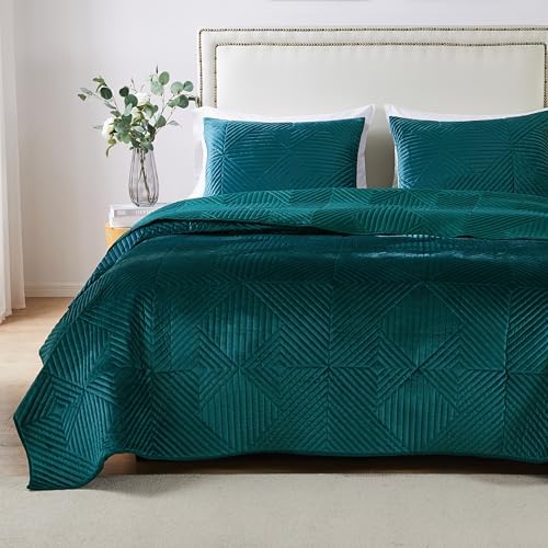 Greenland Home Riviera Velvet Quilt Set 3-Piece KingCal King Teal