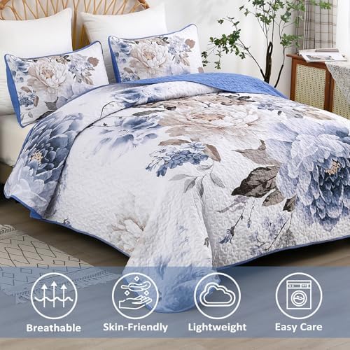 Wongs Bedding Blue Floral 3-Piece Quilt Set