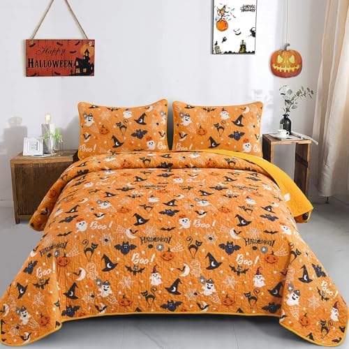 Luxudecor Halloween Queen Quilt Set with Pumpkin and Ghost Design