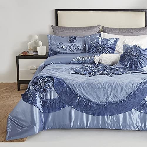 Tache Satin Floral Lace Ruffle Comforter Set King Blue