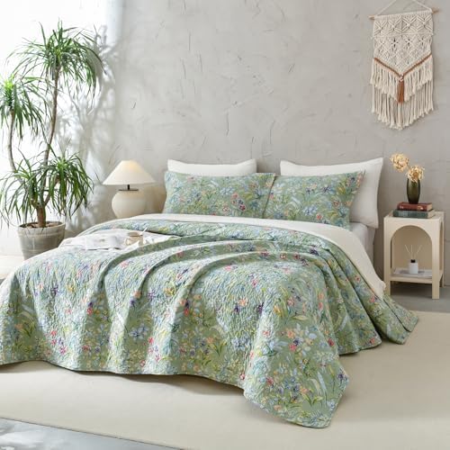 QSH Cotton Floral Queen Bedspread Set 3Pcs Green Summer