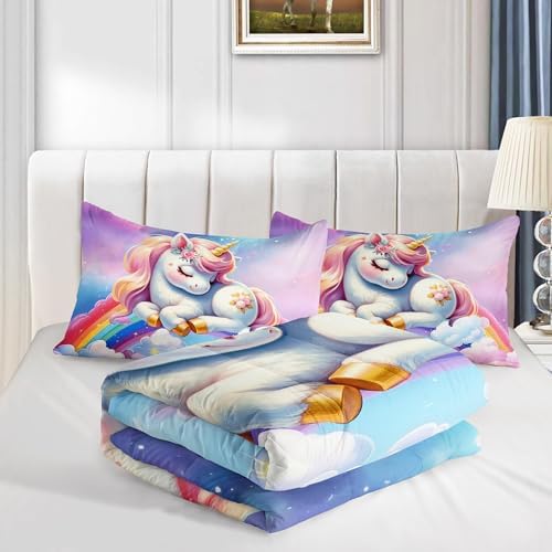 XYNHML Pink Blue Unicorn Comforter Set 3pcs Twin