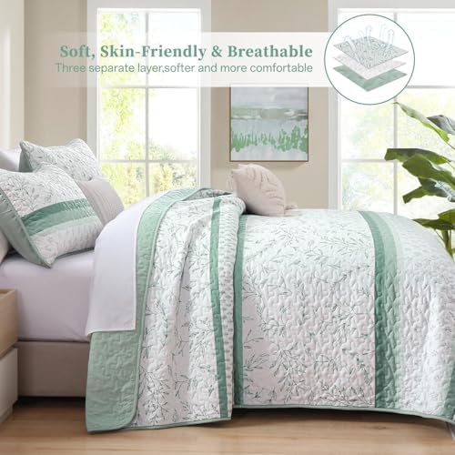 DJY Green Striped King Size Quilt Set with 2 Pillowcases
