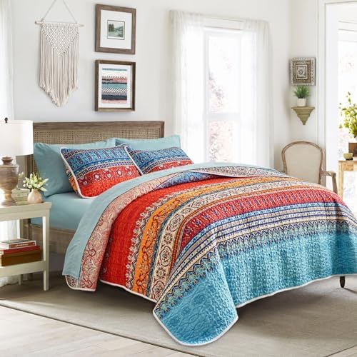 Tititada Twin Quilt Set 2 Pieces Reversible Striped Blue and Red Microfiber