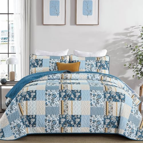 WONGS BEDDING Blue Plaid Patchwork Quilt Set Queen 3 Pieces