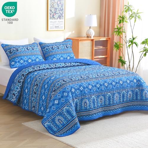 Heymybed Boho Quilt Set Queen Size 3Pc Reversible Blue