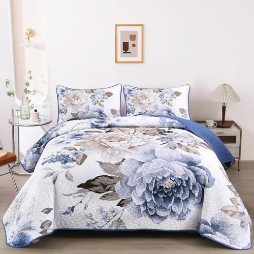 Wongs Bedding Blue Floral 3-Piece Quilt Set