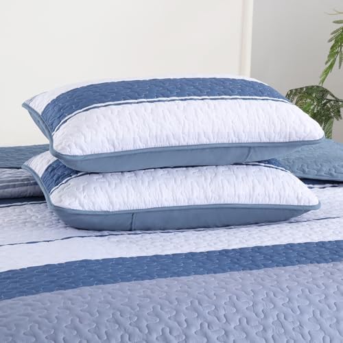 Dinjoy Boho Queen Quilt Set 3 Piece Mineral Blue Striped Bedspread