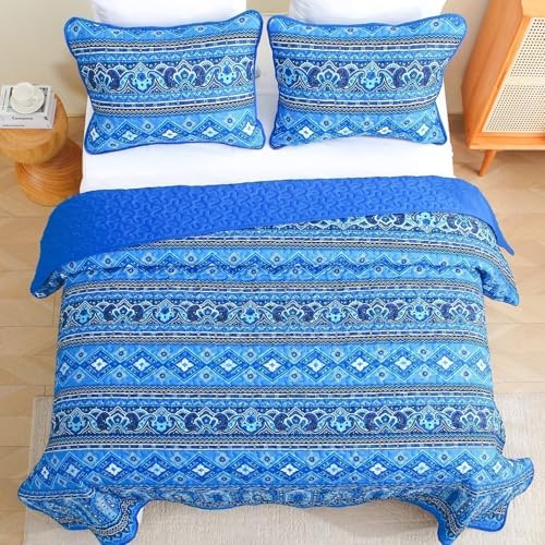 Heymybed Boho Quilt Set Queen Size 3Pc Reversible Blue