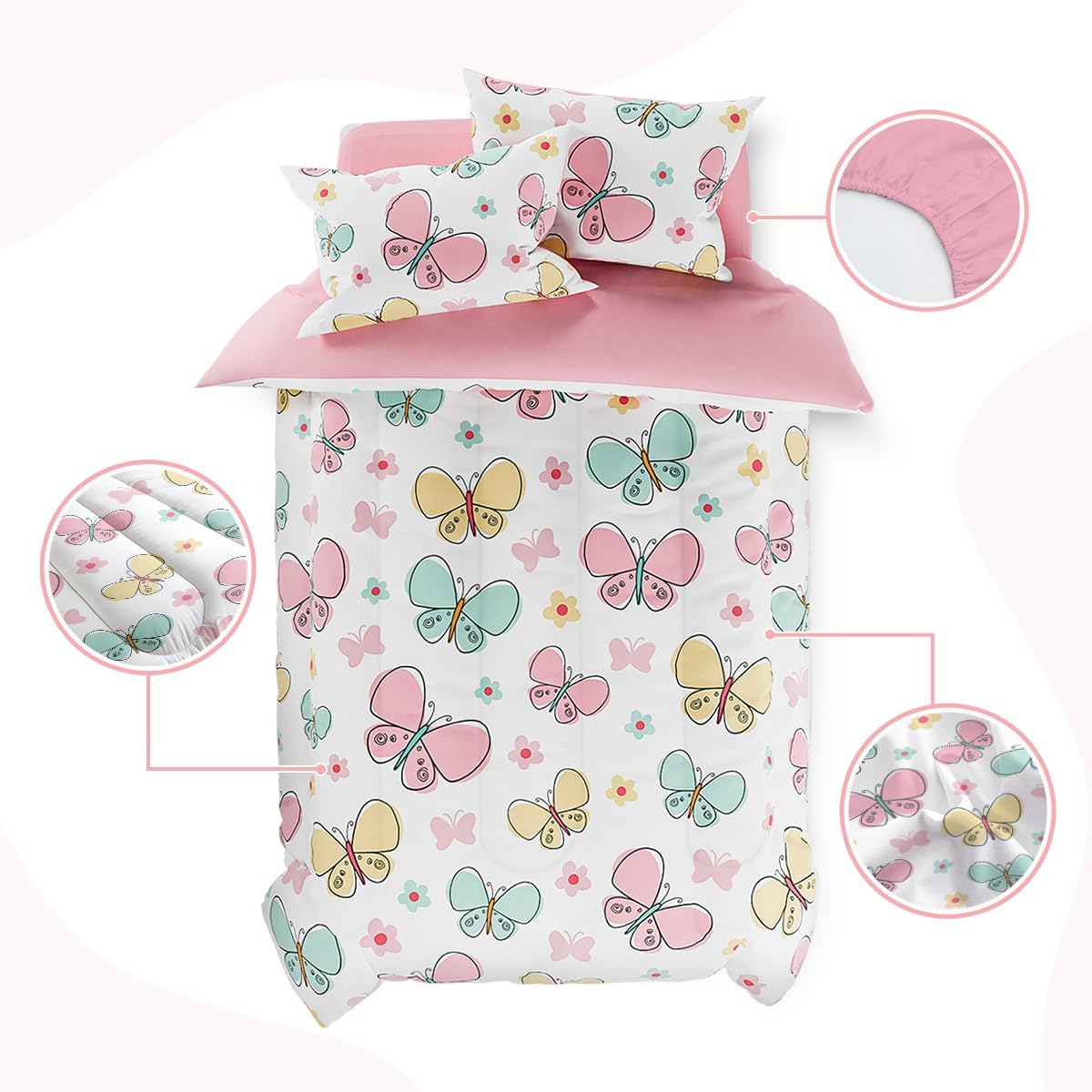 SANDJEST Butterfly Comforter Set for Girls