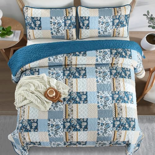 WONGS BEDDING Blue Plaid Patchwork Quilt Set Queen 3 Pieces