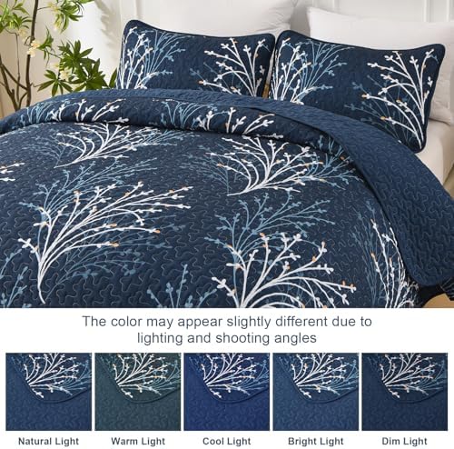 Navy Botanical Quilt Set - 3 Piece Microfiber Reversible Bedding 1