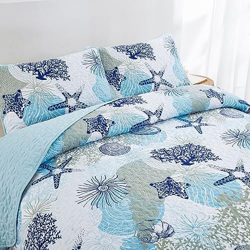 Dinjoy Coastal Quilt Set Full Size Blue Ocean 1