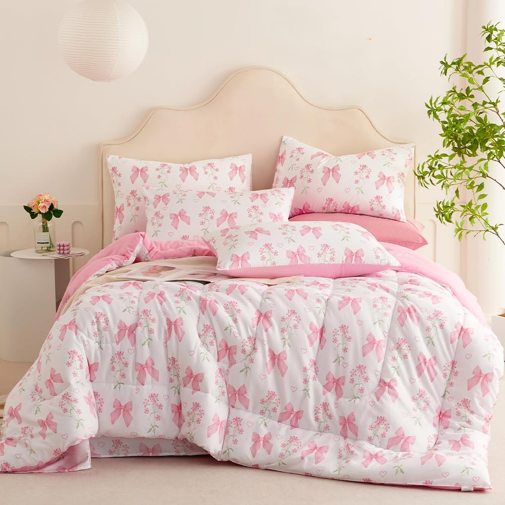 Pink Bow Comforter Set Queen Size Princess Style