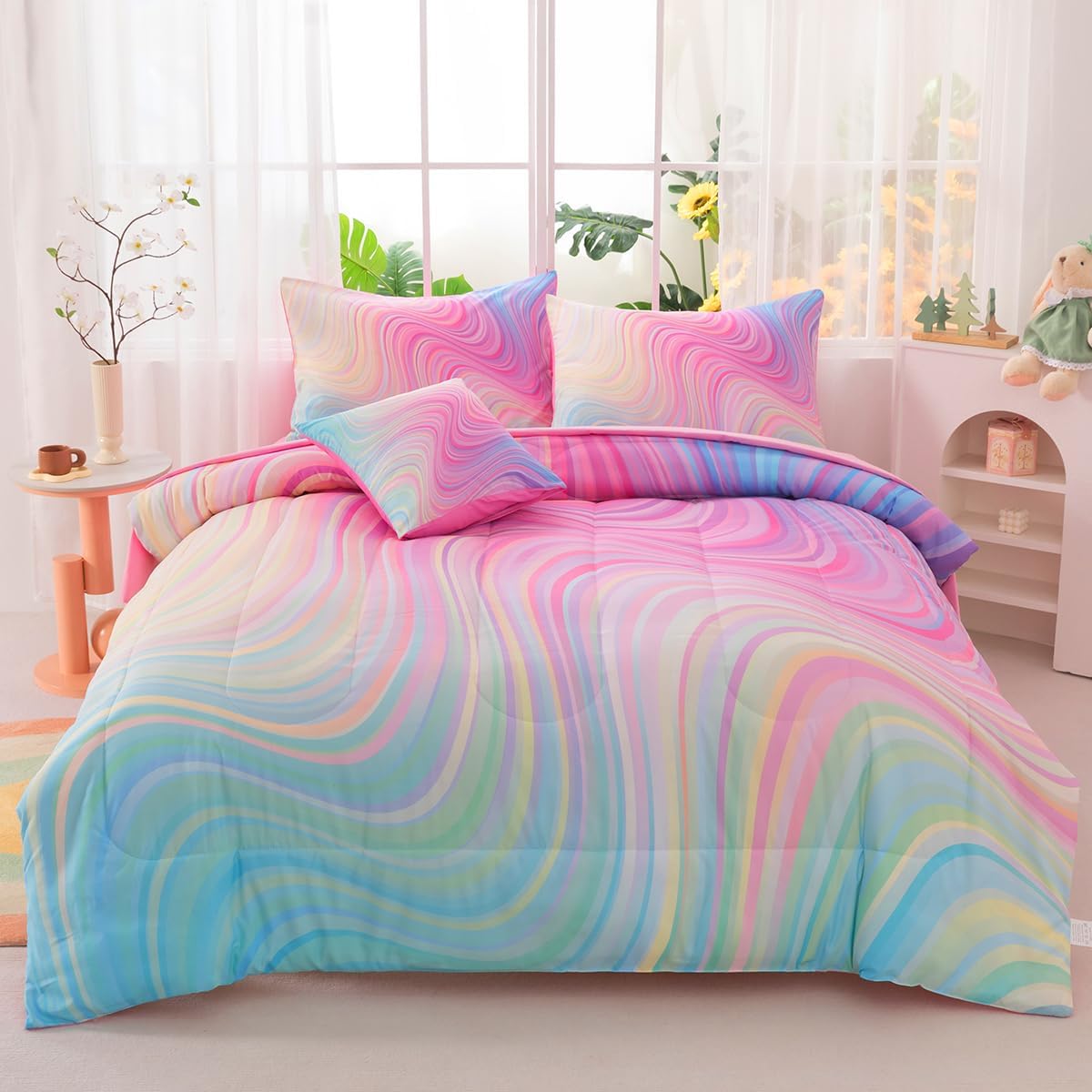 ASKOTU Girls Pink Blue Rainbow Comforter Set 6 Pcs