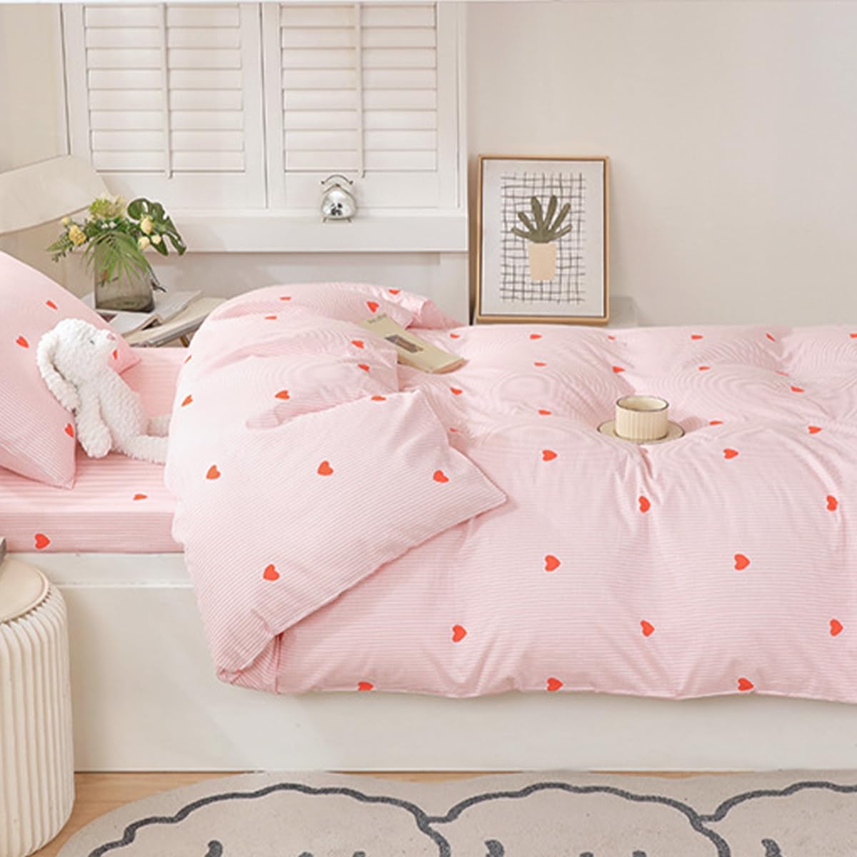 Pink Striped Duvet Cover Set 3Pcs Queen Size