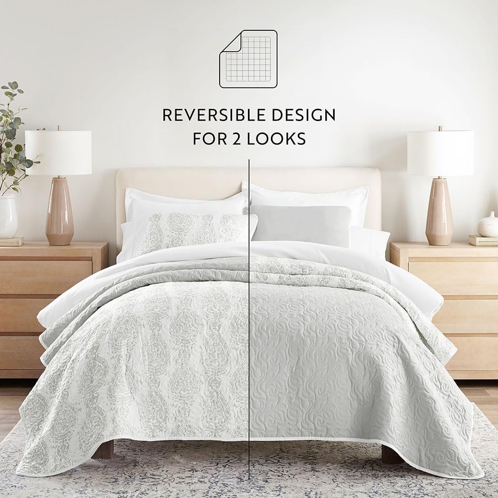 Linen Market Patterned Reversible Microfiber Quilt Set - KingCal-King Light Gray