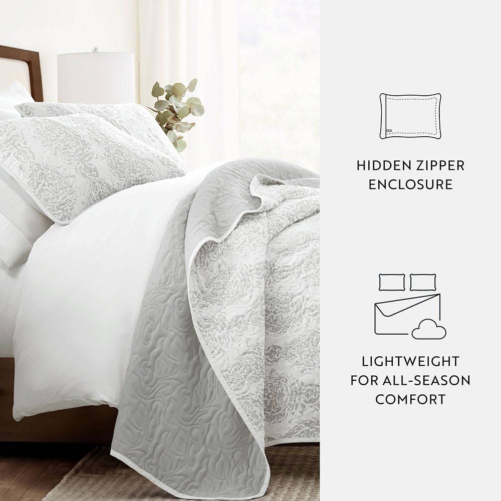 Linen Market Patterned Reversible Microfiber Quilt Set - KingCal-King Light Gray